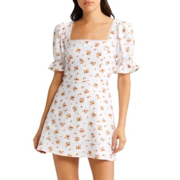 Reformation Dresses & Skirts - REFORMATION 100%‎ Linen Evianna Dress Size 12 White Orange Floral Mini